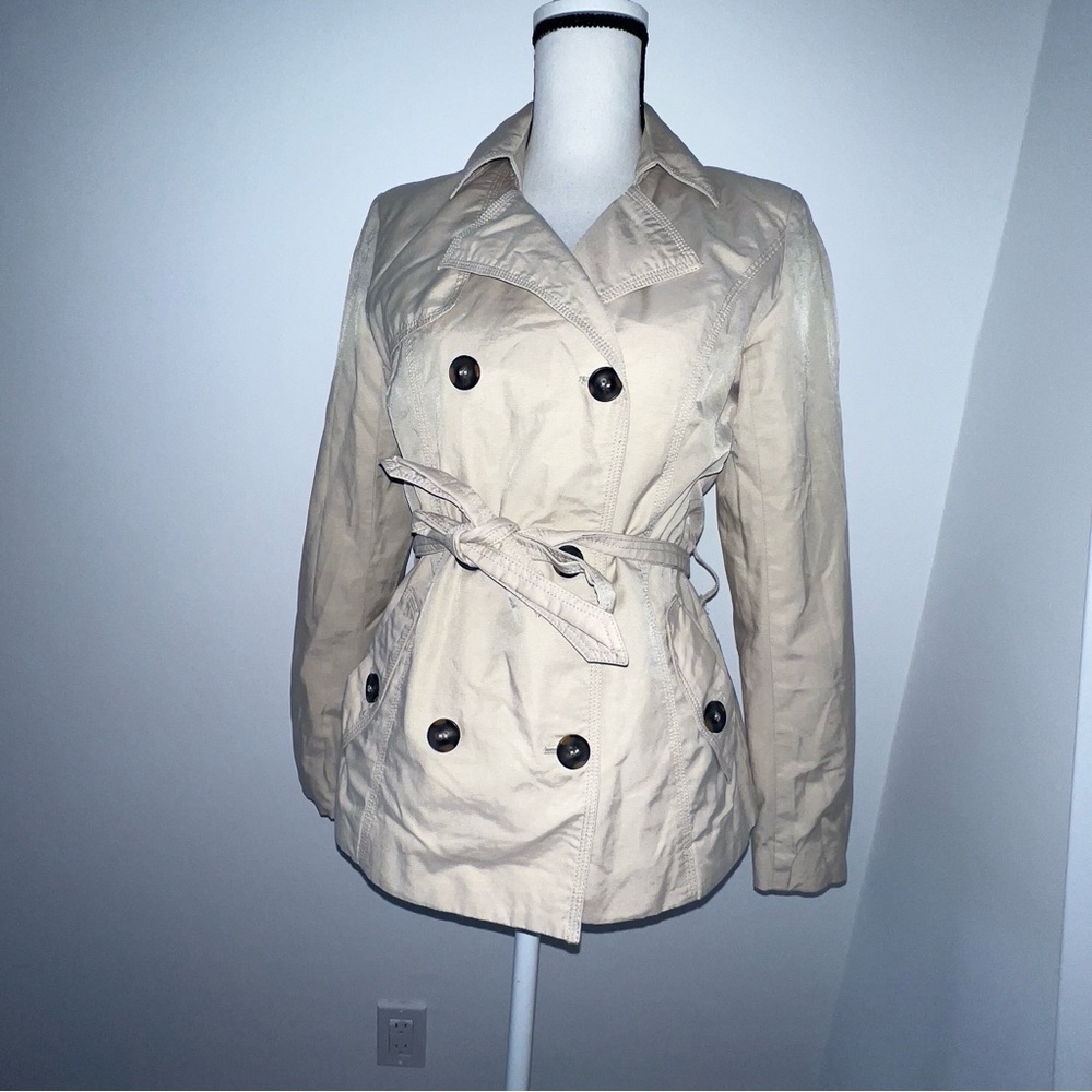 Only Our Story Women Size S Drape Front Belted Midlength Lined Jacket Coat Beige